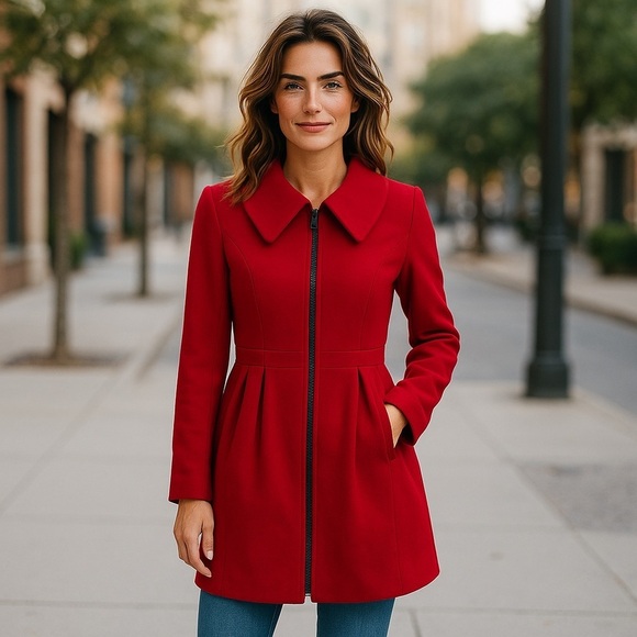 Alice + Olivia Campbell Red Peacoat Wool Fit Flare Cinched Waist Holiday Jacket - Picture 1 of 11